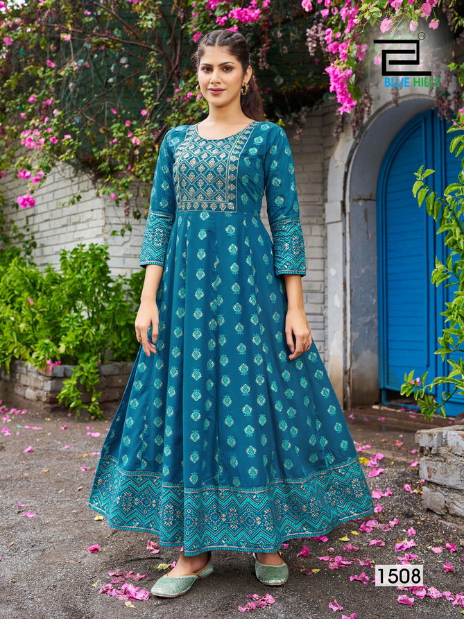 Womaniya Vol 15 By Blue Hills Rayon Foil Printed Anarkali Kurtis Wholesale Shop In Surat
